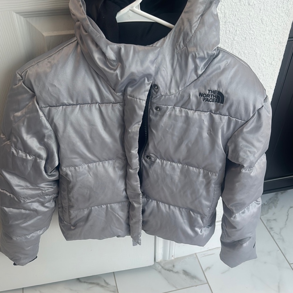 The North Face Silver Puffer Jacket with Hood